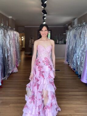 Sherri Hill Strapless Pink print Ruffle Evening Dress
